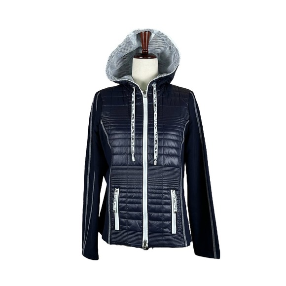 Women's Navy Athleisure Hooded Jacket Size 6 I'CONA Zip Up Sporty Comfy NWT - Picture 2 of 16